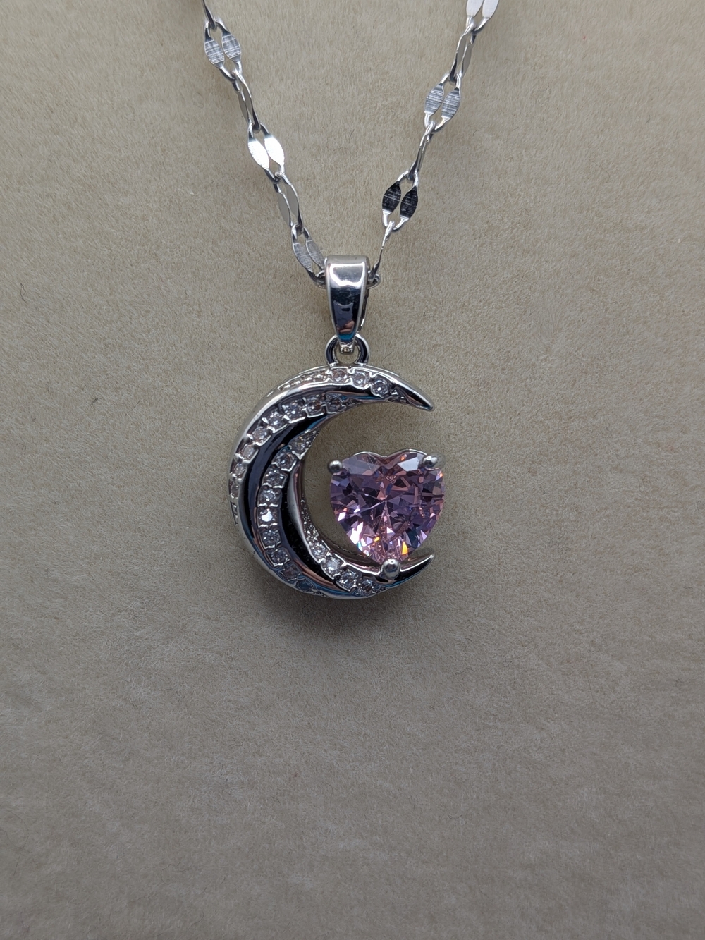Stainless Steel Silver Crescent Moon Pendant Necklace with Pink Heart Stone